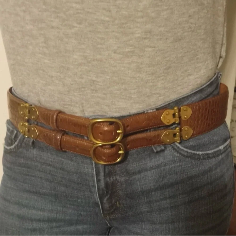 Ralph Lauren Italian Leather Double Strap Leather Belt with Gold Buckles